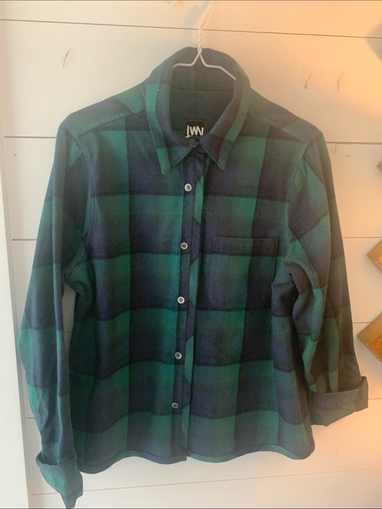 LWN Tops - LWN green/navy cotton flannel shirt. . Slightly oversized 
24” length